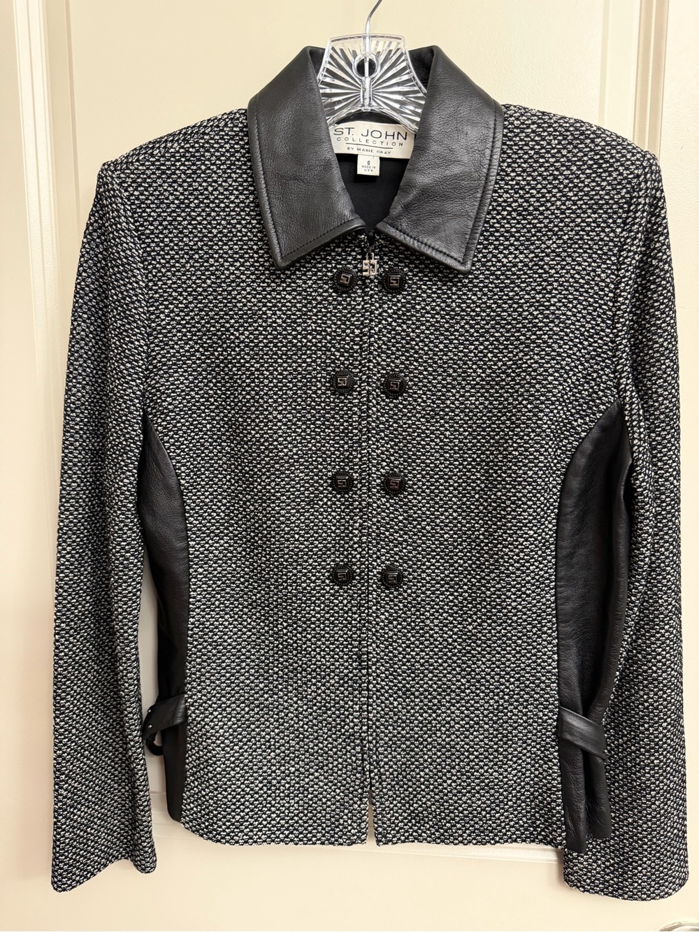 St. John Black & Gray Tweed Jacket with Leather Trim
